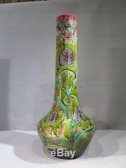 Longchamp Superbe Grand Vase En Barbotine Decor Floral Chardon Art Nouveau 1900