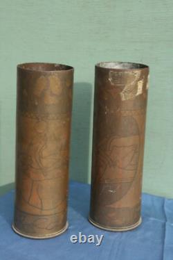 Lot 2 vases étuis en laiton militaria 14/18 jeunes femmes art nouveau tranchée