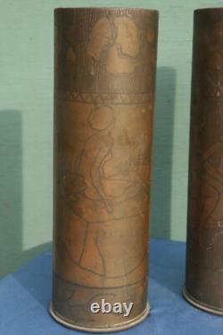 Lot 2 vases étuis en laiton militaria 14/18 jeunes femmes art nouveau tranchée