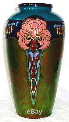 Magnifique Vase Art Nouveau Ceramique Montieres / Amiens Decor Emaille Et Irise