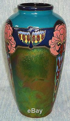 Magnifique Vase Art Nouveau Ceramique Montieres / Amiens Decor Emaille Et Irise