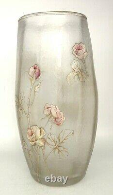 MONTJOYE St denis-Vase roses art nouveau gravé acide-daum, gallé, schneider, muller