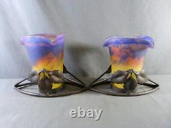 MULLER Frères Luneville, Paire de tulipe en verre marmoréen montées en Vase