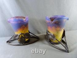 MULLER Frères Luneville, Paire de tulipe en verre marmoréen montées en Vase