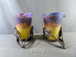 MULLER Frères Luneville, Paire de tulipe en verre marmoréen montées en Vase