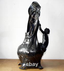 Magnifique Grand Vase Art Nouveau en étain argenté WMF Germany 1900 Hauteur 40cm