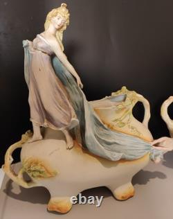 Magnifique Paire Vase Jardinières Biscuit Porcelaine 1900 Allemande Art Nouveau