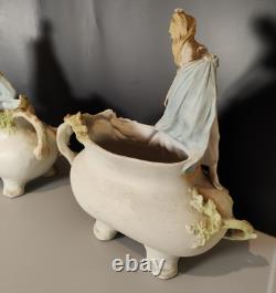 Magnifique Paire Vase Jardinières Biscuit Porcelaine 1900 Allemande Art Nouveau