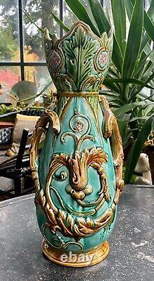 Magnifique Vase Faience Art Nouveau Saint Onnaing -Magnificent Old Majolica Vase