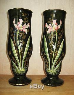 Magnifique paire de vases faïence émaillée Fives Lille Art Nouveau Majolica iris