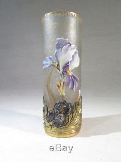 Montjoye Ancien Superbe Vase A Monture Dore Argente Emaille Art Nouveau Iris