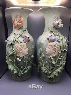 Monumentale Paire Vases Impressionniste Art Nouveau Barbotine Marlotte Signés