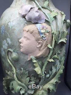 Monumentale Paire Vases Impressionniste Art Nouveau Barbotine Marlotte Signés
