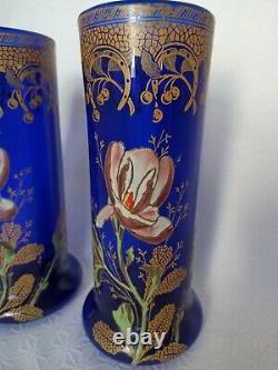 PAIRE DE VASES EN VERRE ÉMAILLÉ LEGRAS Art Nouveau Fleurs de tulipier Magnolia