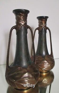 PAIRE DE VASES FLEURS Art Nouveau 1900 bronze double patine 3,3 Kg