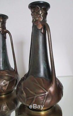 PAIRE DE VASES FLEURS Art Nouveau 1900 bronze double patine 3,3 Kg