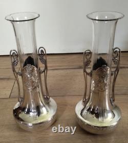 PAIRE DE VASES VERRE ET METAL ARGENTE ORIVIT JUGENSTIL ART NOUVEAU 1900 28 cm