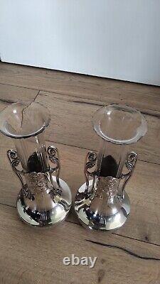 PAIRE DE VASES VERRE ET METAL ARGENTE ORIVIT JUGENSTIL ART NOUVEAU 1900 28 cm