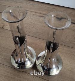 PAIRE DE VASES VERRE ET METAL ARGENTE ORIVIT JUGENSTIL ART NOUVEAU 1900 28 cm