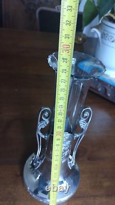 PAIRE DE VASES VERRE ET METAL ARGENTE ORIVIT JUGENSTIL ART NOUVEAU 1900 28 cm