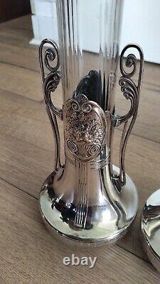PAIRE DE VASES VERRE ET METAL ARGENTE ORIVIT JUGENSTIL ART NOUVEAU 1900 28 cm