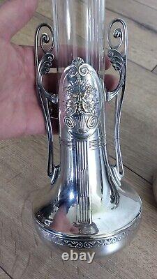 PAIRE DE VASES VERRE ET METAL ARGENTE ORIVIT JUGENSTIL ART NOUVEAU 1900 28 cm