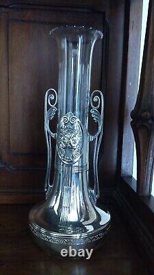 PAIRE DE VASES VERRE ET METAL ARGENTE ORIVIT JUGENSTIL ART NOUVEAU 1900 28 cm