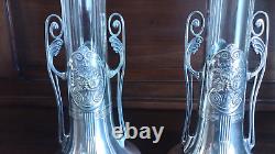 PAIRE DE VASES VERRE ET METAL ARGENTE ORIVIT JUGENSTIL ART NOUVEAU 1900 28 cm