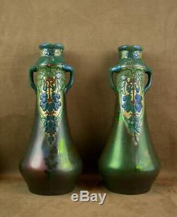 Paire D'importants Vases Art Nouveau Ceramique Irisée Emaillée Signé Montieres
