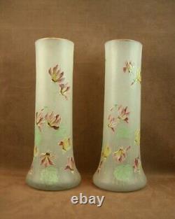 Paire De Grands Vases En Verre Emaille Art Nouveau Decor Floral Legras