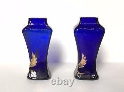 Paire De Petits Vases À Fleurs Anciens En Verre Bleu Et Or Art Nouveau Vers 1900
