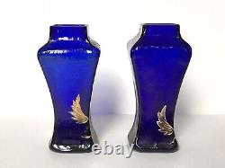 Paire De Petits Vases À Fleurs Anciens En Verre Bleu Et Or Art Nouveau Vers 1900