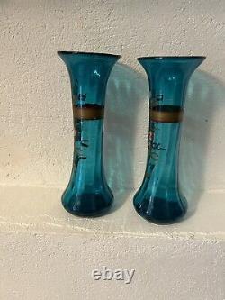 Paire De VASES ART NOUVEAU Bleu Turquoise Dorure 27 Centimètres Hauteur