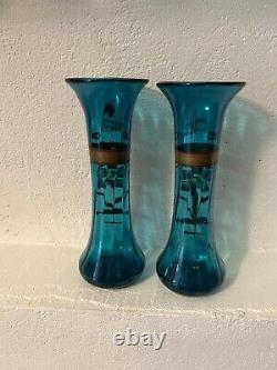 Paire De VASES ART NOUVEAU Bleu Turquoise Dorure 27 Centimètres Hauteur