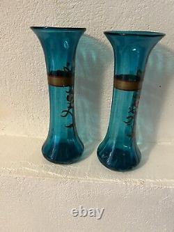 Paire De VASES ART NOUVEAU Bleu Turquoise Dorure 27 Centimètres Hauteur