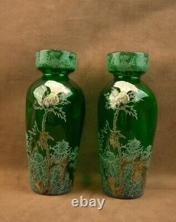 Paire De Vases A Bulbes En Verre Emaille Art Nouveau Decor Floral Legras
