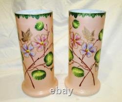 Paire De Vases Anciens Roses Emailles Opaline Art-nouveau 1900