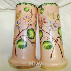 Paire De Vases Anciens Roses Emailles Opaline Art-nouveau 1900