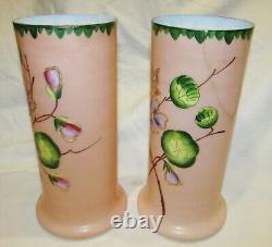 Paire De Vases Anciens Roses Emailles Opaline Art-nouveau 1900