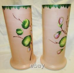 Paire De Vases Anciens Roses Emailles Opaline Art-nouveau 1900