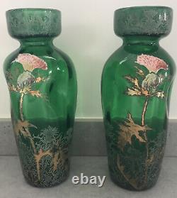 Paire De Vases Art Nouveau Émaillé Décor Chardons Legras Montjoye