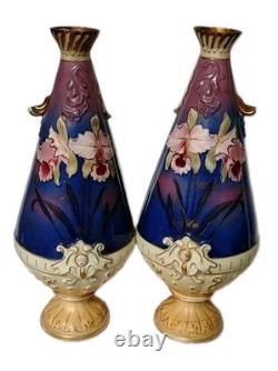 Paire De Vases Art Nouveau En Porcelaine Polychrome Décor Iris