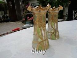 Paire De Vases Art Nouveau Verre Emaille Bon Etat Annees 30
