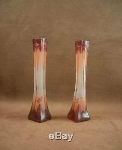 Paire De Vases Art Nouveau Verre Gravé A L'acide Signé Legras Serie Rubis