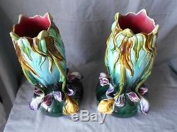 Paire De Vases Coloquinte Art Nouveau En Barbotine Massier Onnaing H. 32cm