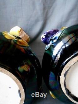 Paire De Vases Coloquinte Art Nouveau En Barbotine Massier Onnaing H. 32cm