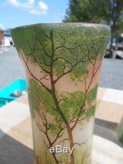Paire De Vases Emailles Au Decor D' Arbres Epoque Art Nouveau En Verre Legras