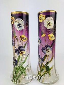 Paire De Vases Émaillés Decor Floral Manufacture Legras St Denis Art Nouveau