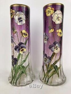 Paire De Vases Émaillés Decor Floral Manufacture Legras St Denis Art Nouveau
