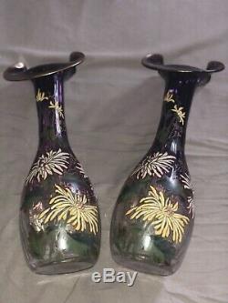 Paire De Vases Emaillés LEGRAS 1900 Cristallerie Gallé Art Nouveau Jungendstill